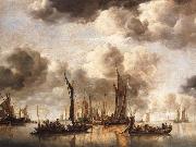Jan van de Cappelle A Dutch Yacht Firing a Salute as a Barge Pulls Away and Many Small vessels at Anchor Sweden oil painting artist